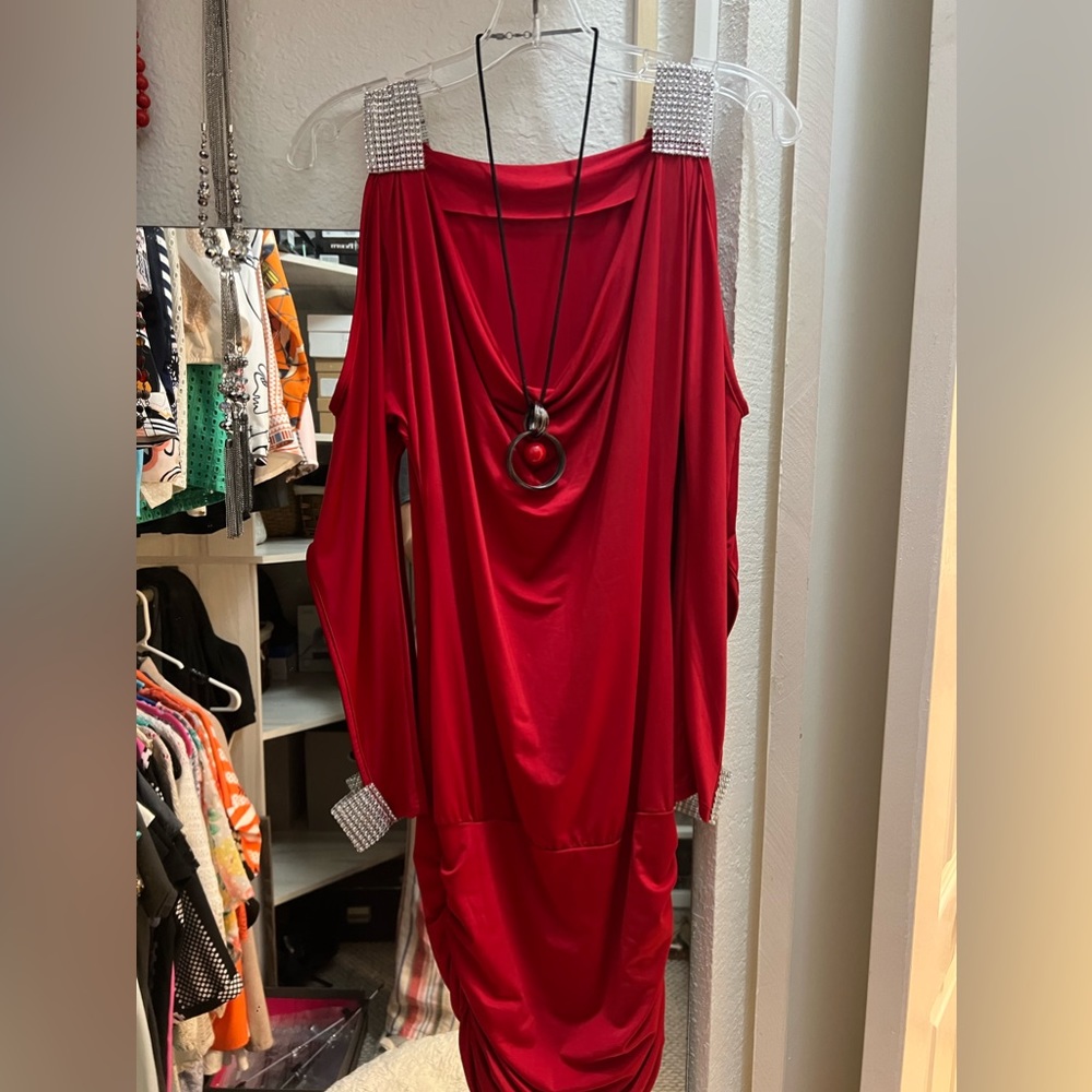 Red stretchy dress with silver embellishments, cold shoulder